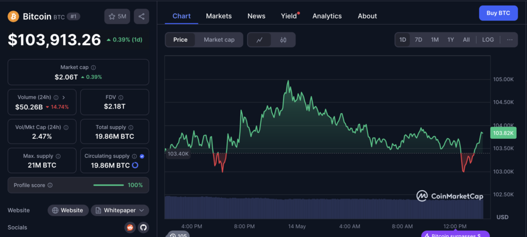 نمودار قیمت روزانه و اطلاعات بازار بیت کوین - منبع: CoinMarketCap